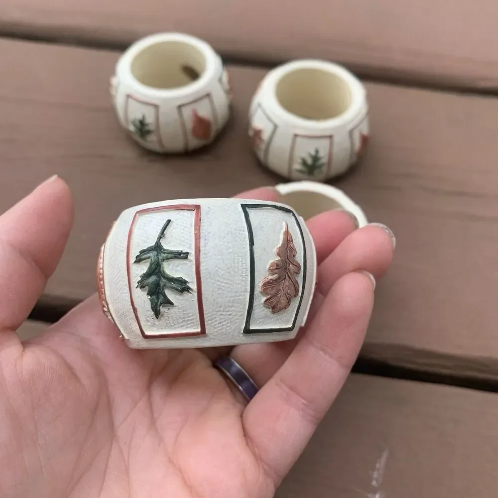 Vintage Napkin Rings 2” (4) Resin Leaves 3-D Autumn COTTAGE BOHO Thanksgiving